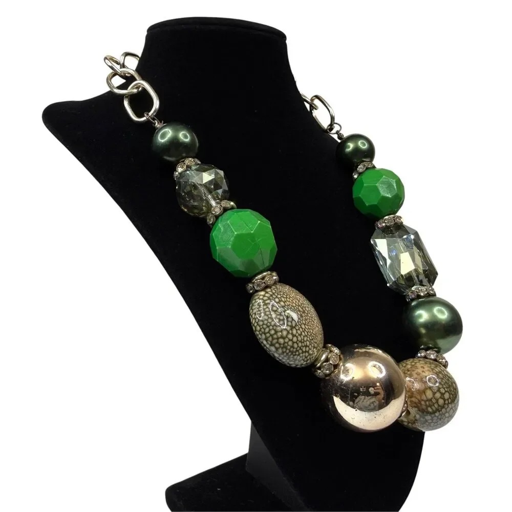 Chunky Statement Necklace Green Gold Tone Beaded Fashion Jewelry Adjustable 20